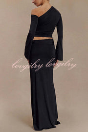 Ainsley Floral Hardware Asymmetrical Long Sleeve Stretch Top and Mid Rise Maxi Skirt Set