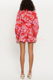 Linen Blend Botanical Print Lapel Puff Sleeve Loose Tie Casual Rompers