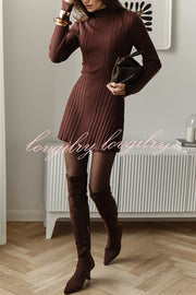 Solid Color Long-sleeved Slim-fit Elegant Knitted Mini Dress