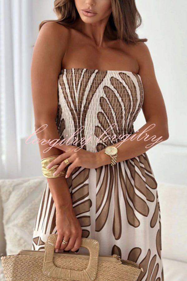 Unique Print Off-shoulder Pleated Casual Wide-leg Jumpsuit