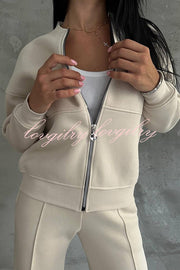 Solid Color Casual Long Sleeve Zipper Jacket and Elastic Waist Pocket Wide Leg Pants Set