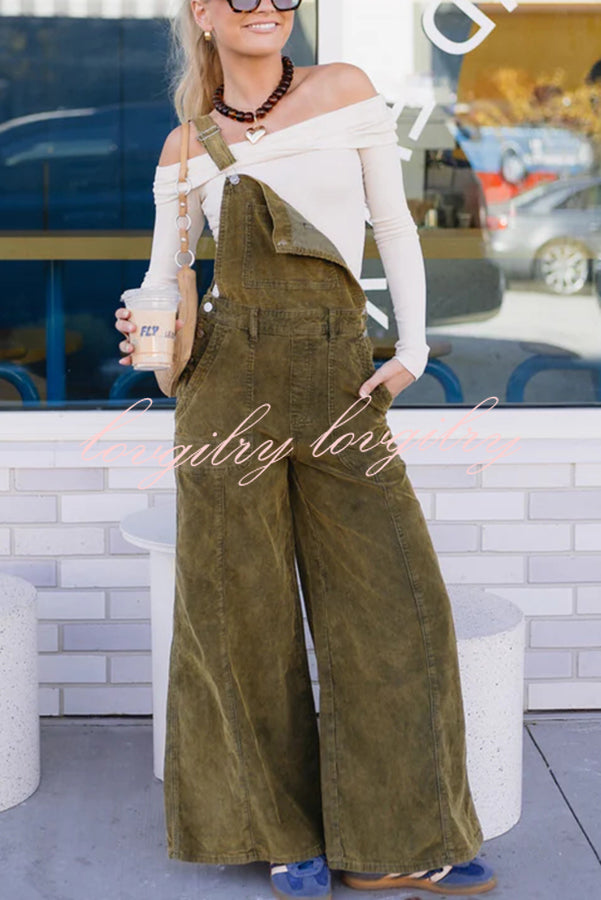 Falling Leaves Corduroy Metal Buckle Pocket Wide Leg Jumpsuit Overalls