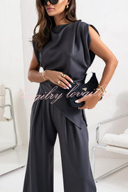 Jordy Ruched Shoulder Slit Top and Elastic Waist Pocketed Wide Leg Pants Set