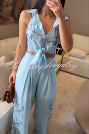 Ferrie Linen Blend Unique Print Tie-up Smocked Vest and High Rise Pocket Loose Pants Set