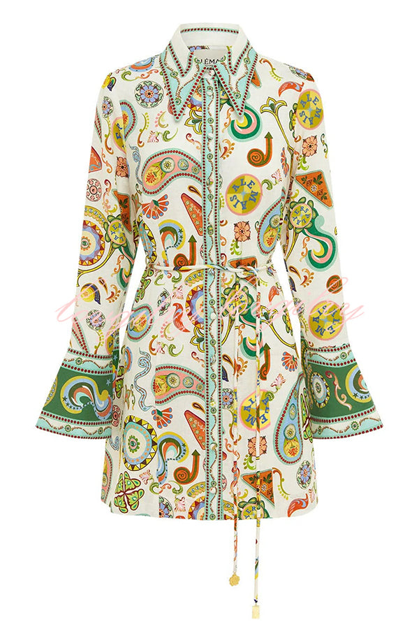 Mila Linen Blend Unique Print Shaped Collar Tie-up Waist Shirt Mini Dress