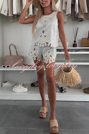 Angie Embroidery Cut-out Sleeveless Top and Elastic Waist Loose Shorts Set