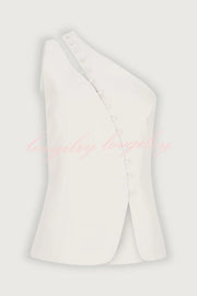 Full of Design Solid Color One Shoulder Asymmetric Slit Button Casual Vest