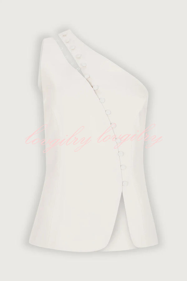 Full of Design Solid Color One Shoulder Asymmetric Slit Button Casual Vest