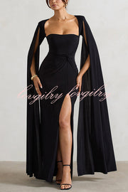 Elegant Goddess Square Neck Twisted Cape Sleeve Slit Maxi Dress