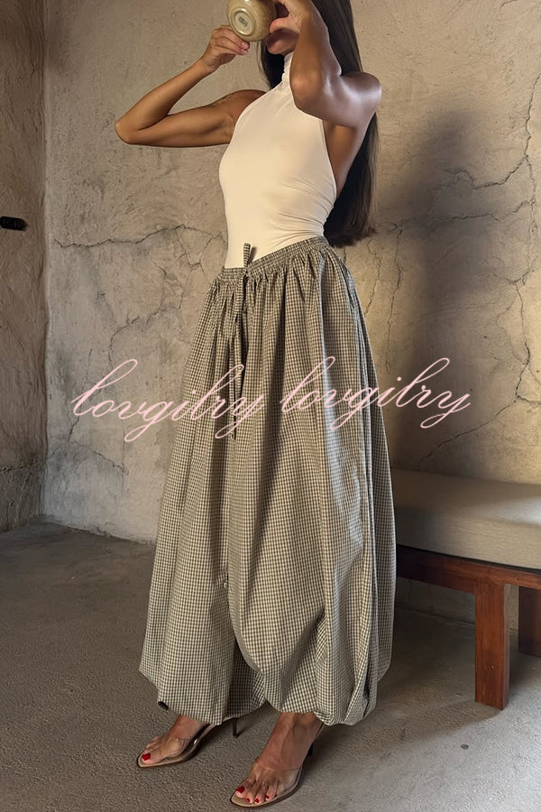 Fashion Plaid Print Elastic Waist Pocket Loose Wide-leg Pants