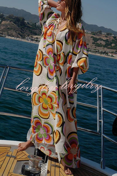 Boat Days Unique Print Balloon Sleeve Pocketed Loose Robe Maxi Dress
