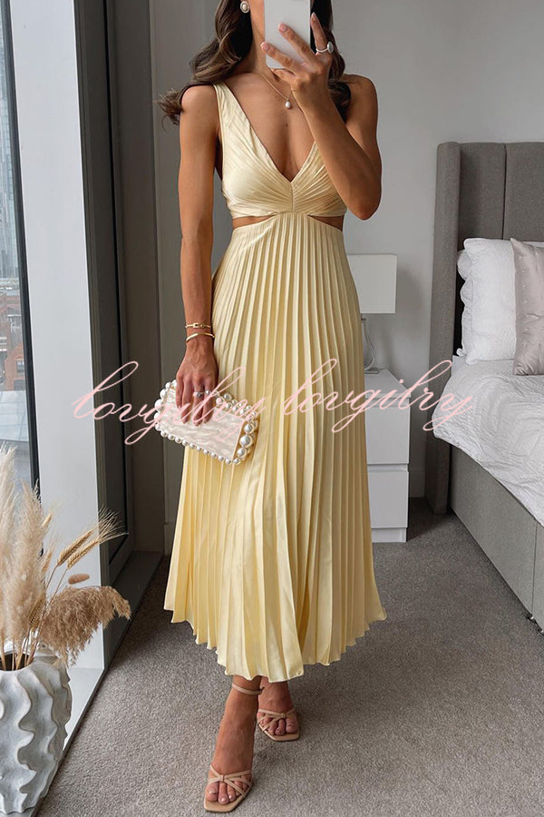 Summer Social Stain Pleated Cutout Waist Midi Dress