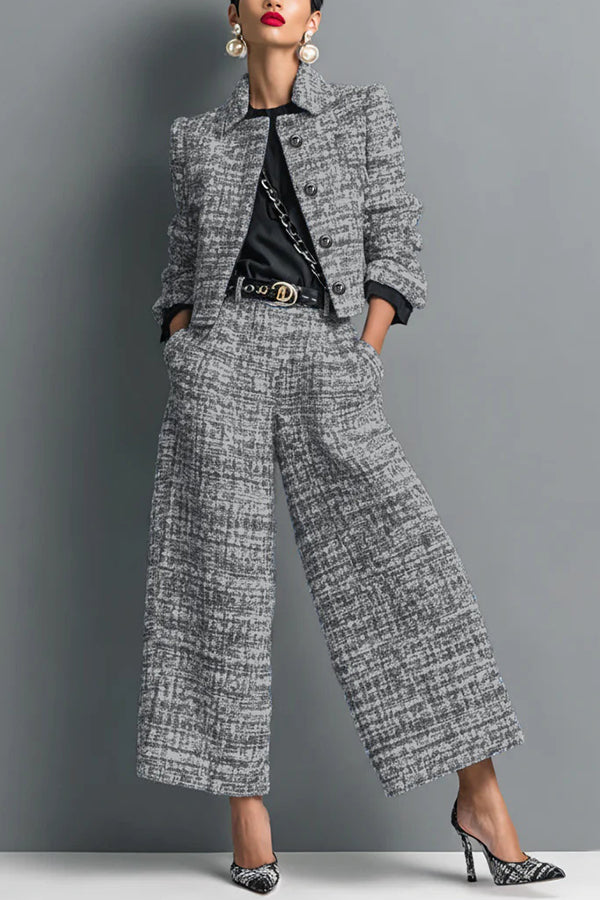 Stylish Long-sleeved Single-breasted Short Jacket and Casual Pocket Wide-leg Pants Sets