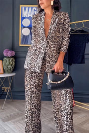 Wild Lifestyle Leopard Print Lapel Blazer and Elastic Waist Pocketed Wide Leg Pants Set