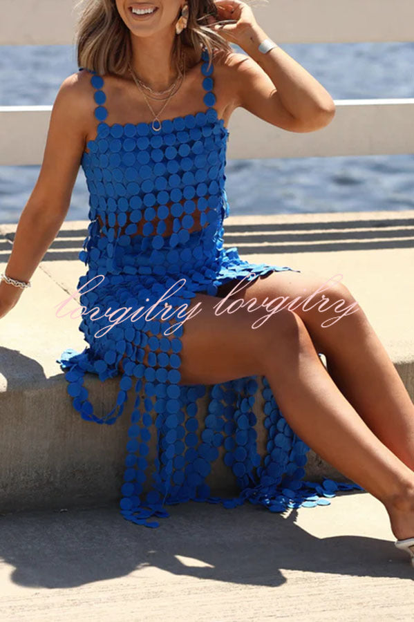 Caitlin See Through Circle Embroidery Elastic Waist Tassle Hem Maxi Skirt