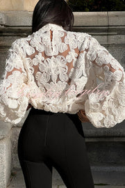 Fashionable Embroidered Flower Loose Puff Sleeve Hollow Top