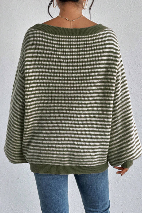 Fashion Striped Loose Long Sleeve Round Neck Knitted Sweater