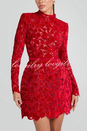 Lydia Embroidered Floral Lace Long Sleeve Belt Tulip Shaped Mini Dress