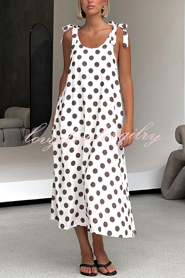 Polka Dot Print Suspenders Strappy Backless Loose Pocket Midi Dress