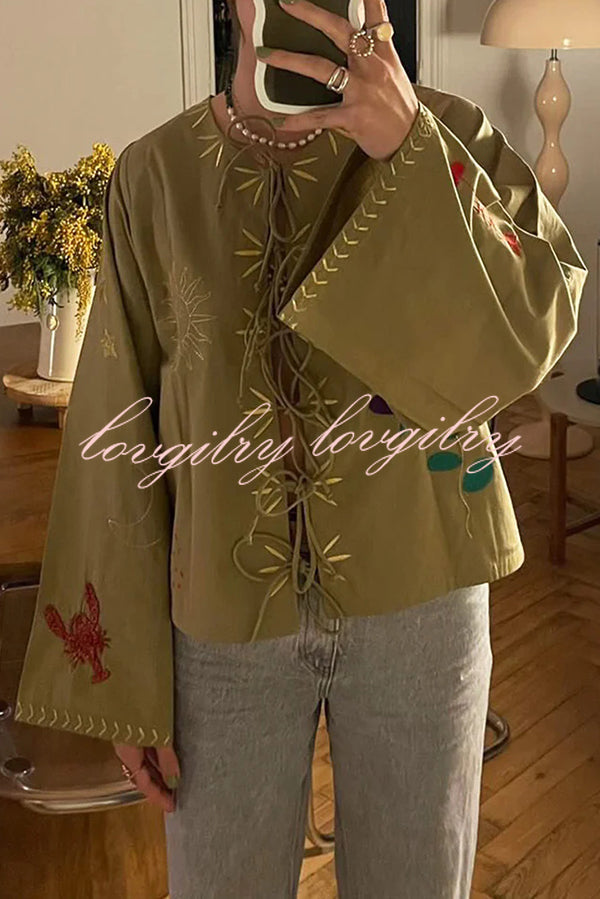 Fashionable Embroidered Lace-up Long-sleeved Loose Top