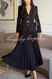 Solid Color Lapel Button Belt Blazer and Pleated Casual Maxi Skirt Set