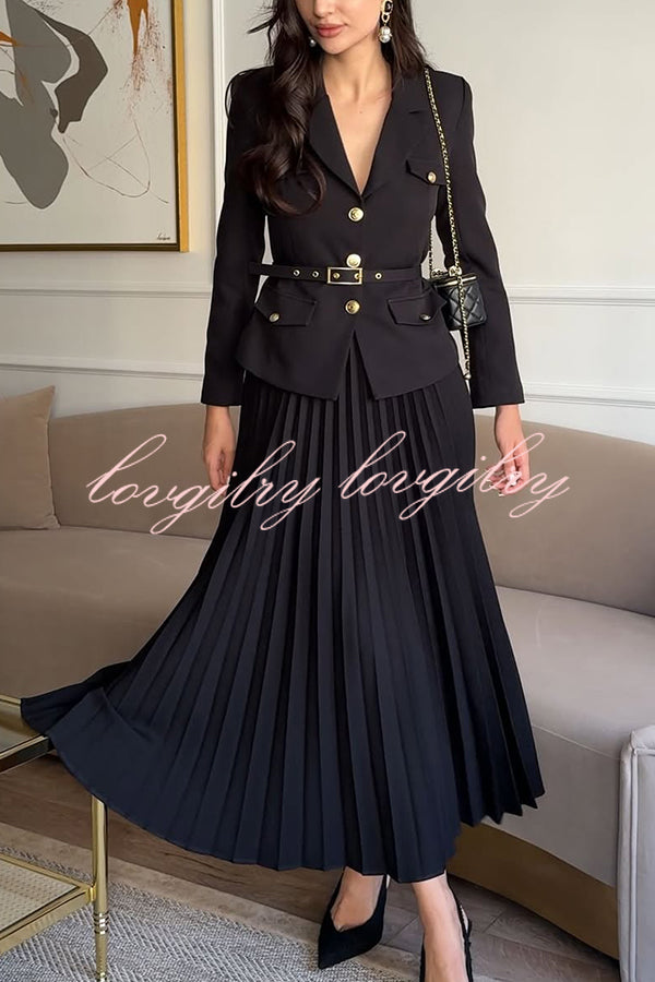 Solid Color Lapel Button Belt Blazer and Pleated Casual Maxi Skirt Set