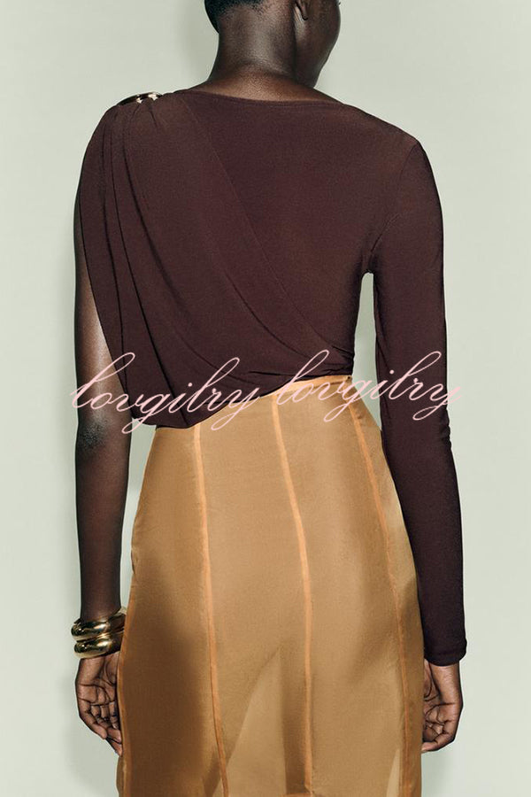 After Party Energy Brooch Detail One Sleeve Ruched Drape Stretch Bodysuit