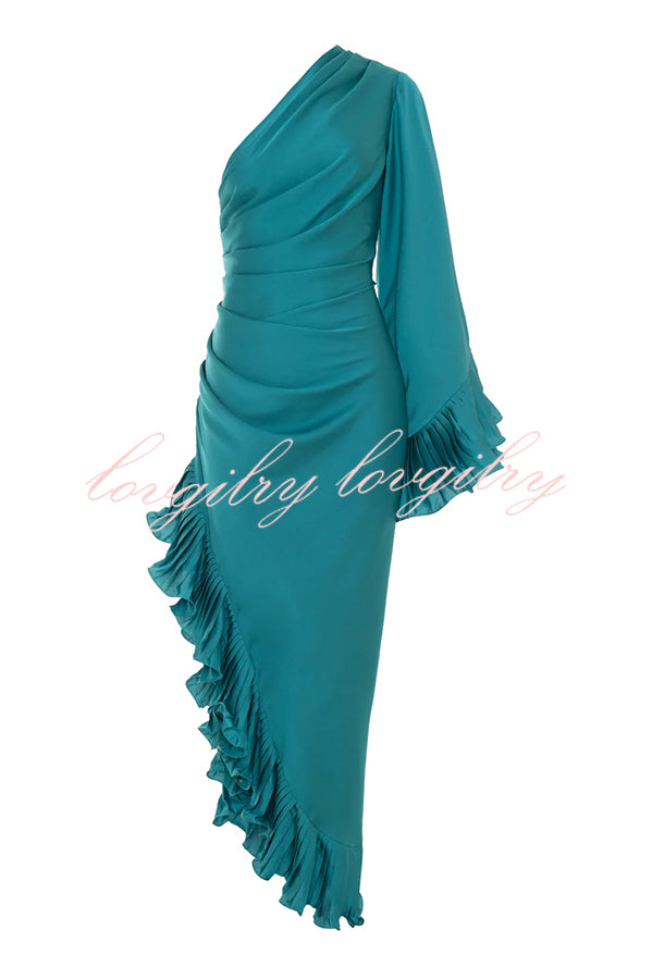 Elegant Satin One Shoulder Sleeve Pleated Ruffles Trim Ruched Asymmetrical Maxi Dress