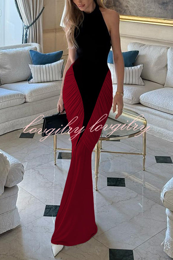 Fashionable Contrast Color Open Back Side Pleated Draped Maxi Dress