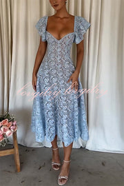 Romantic Atmosphere Bluebell Lace Butterfly Sleeve Sweetheart Neck Stretch Midi Dress