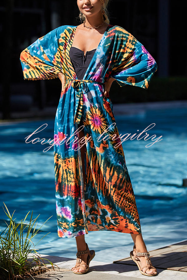 Unique Print Loose Lace Up Holiday Maxi Cover Up