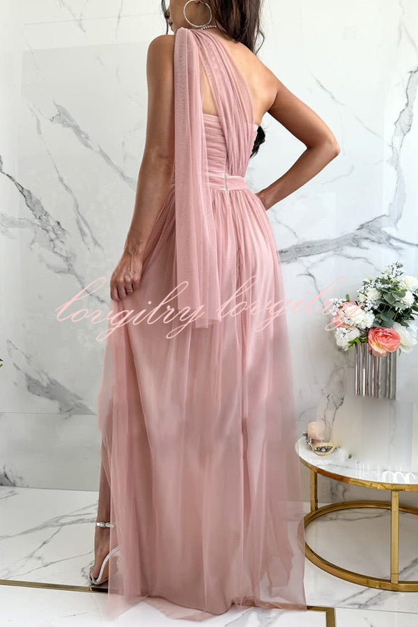 Feeling Galm Tulle Knotted One Shoulder Pleated Slit Maxi Dress