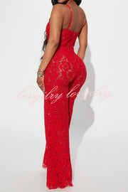 Sexy Moment Floral Lace Lined Suspender Wide Leg Stretch Jumpsuit