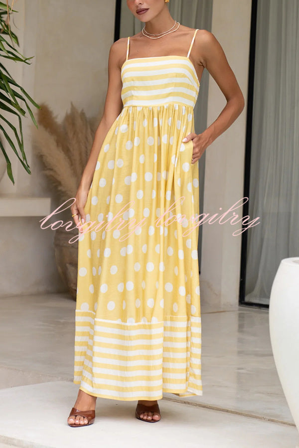 Striped Polka-dot Print Sling Pleated Open-back Maxi Dress