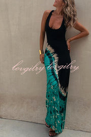 Summer Adventures Tie-dye Print Back Lace-up Stretch Maxi Dress