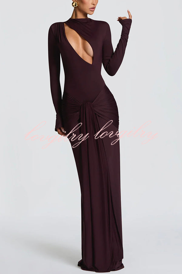 Sexy Cutout Fitted Long-sleeved Pleated Satin Ribbon Maxi Dresses