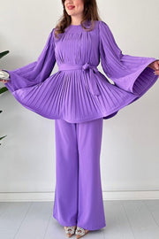 Solid Color Round Neck Flared Sleeve Pleated Tie Waist Top and Elastic Waist Casual Straight Pants Set