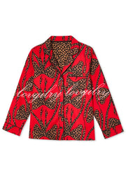 Stylish Colorblock Leopard Print Loose Shirt and Elastic Waist Pocketed Pajama Set
