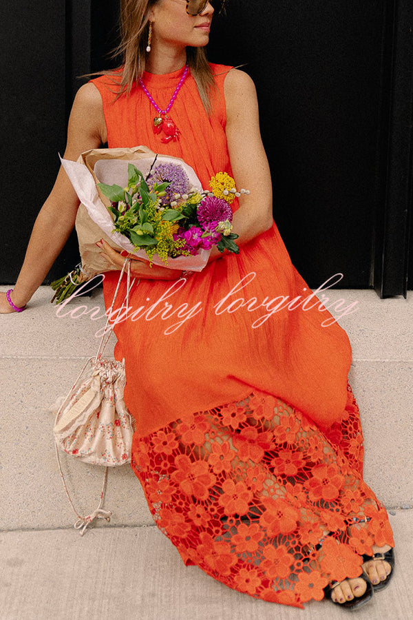 Breezy Comfort Tie-up Neck Sleeveless Floral Lace Hem Maxi Dress