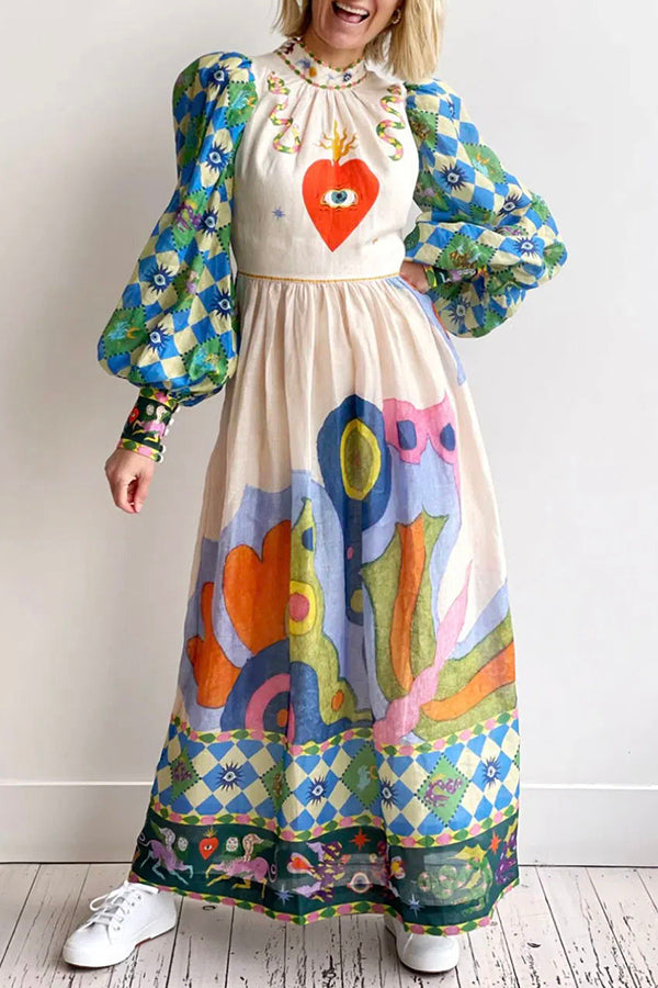 Dear To My Heart Unique Print Lantern Sleeve A-line Midi Dress