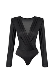 Chic Celebration Glossy Fabric Pleated V-neck Long Sleeve Stretch Bodysuit