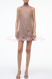 Playful Charm Sheer Chiffon Embellished Feather Back Bow H-line Mini Dress