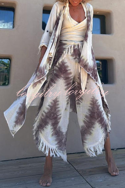 Kailani Linen Blend Tie-dye Print Irregular Hem Duster Kimono