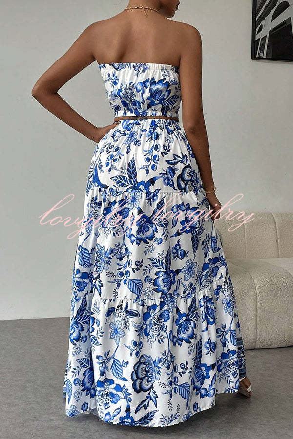 Floral Print Cutout Bandeau Top and Elastic Waist Full Maxi Skirt Set