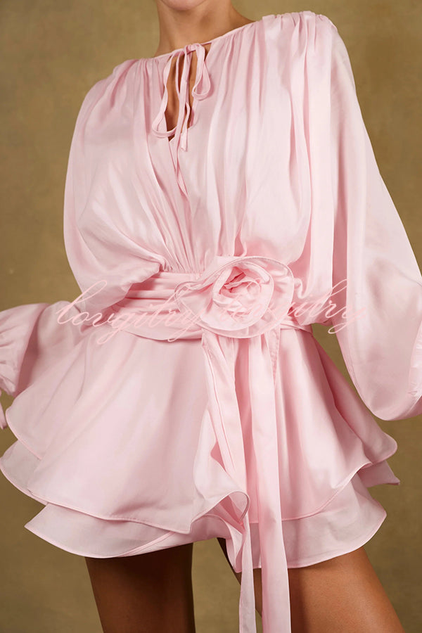 Solid Color Long Sleeve V-Neck Lace-Up Elegant Flower Decorated Mini Dress