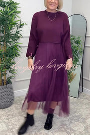 Fenna Ribbed Sequin Trim Batwing Sleeve Sweater and Pleated Tulle Stretch Tank Midi Dress Two-piece Set