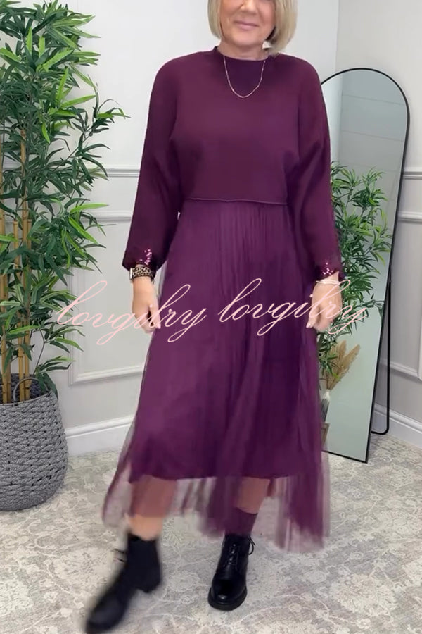 Fenna Ribbed Sequin Trim Batwing Sleeve Sweater and Pleated Tulle Stretch Tank Midi Dress Two-piece Set