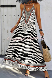 Zebra Print V-neck Open Back Loose Maxi Dress