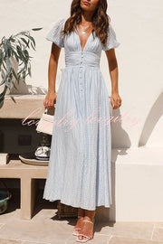 Rustic V Neck Button Zip Pleated Slit Puff Sleeve Maxi Dress