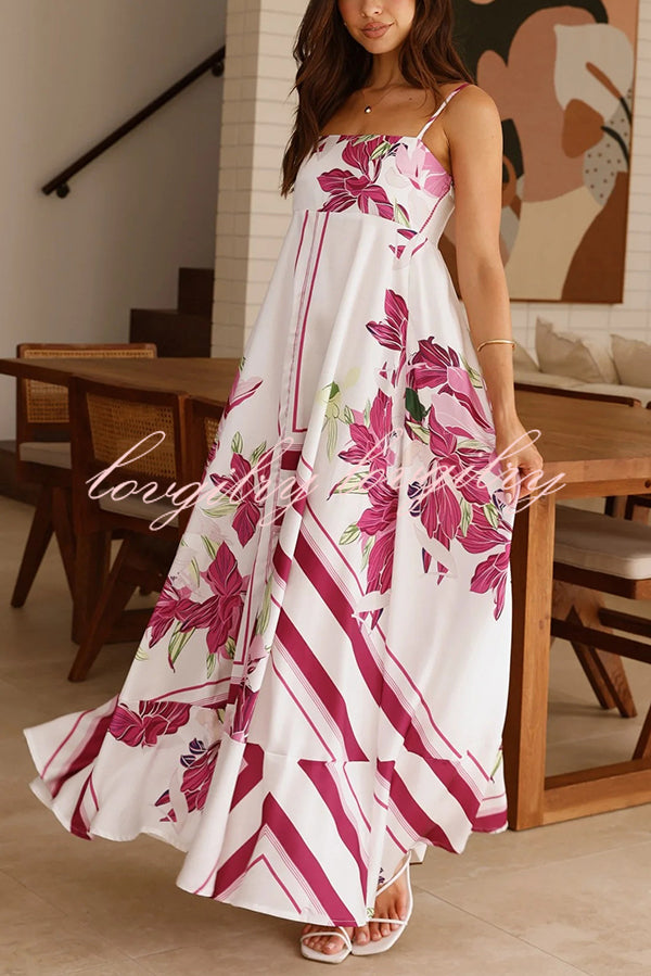 Botanical Print Halter Square Neck Pleated Loose Maxi Dress